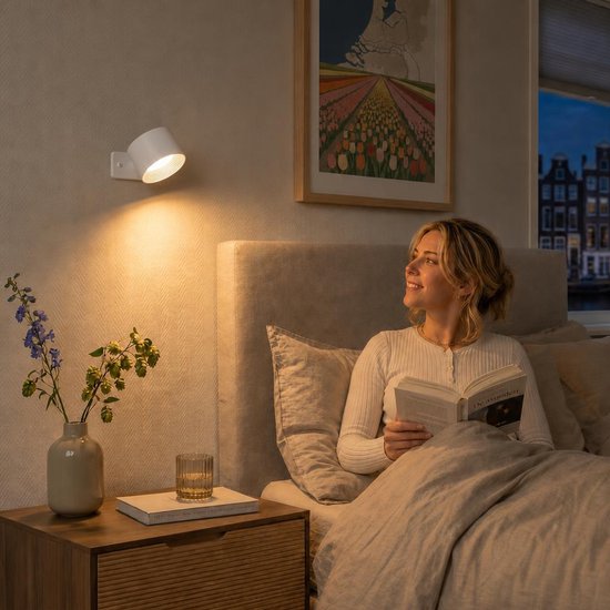 Oplaadbare, dimbare witte wandlamp verlicht een vrouw die in bed leest. Nachtlampje.