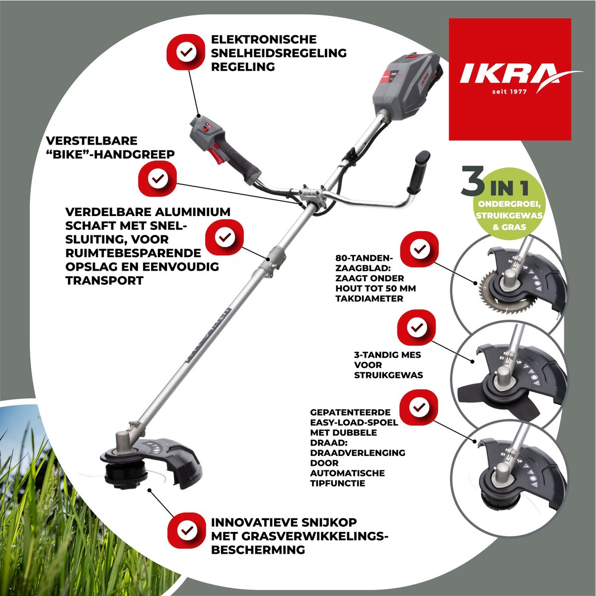 IKRA Bosch 36 V accu-bosmaaier en grastrimmer IB-BC 33 met draadspoel, 3-tands mes, 80-tands zaagblad, schouderriem, 36V accu (4,0 Ah) en oplader