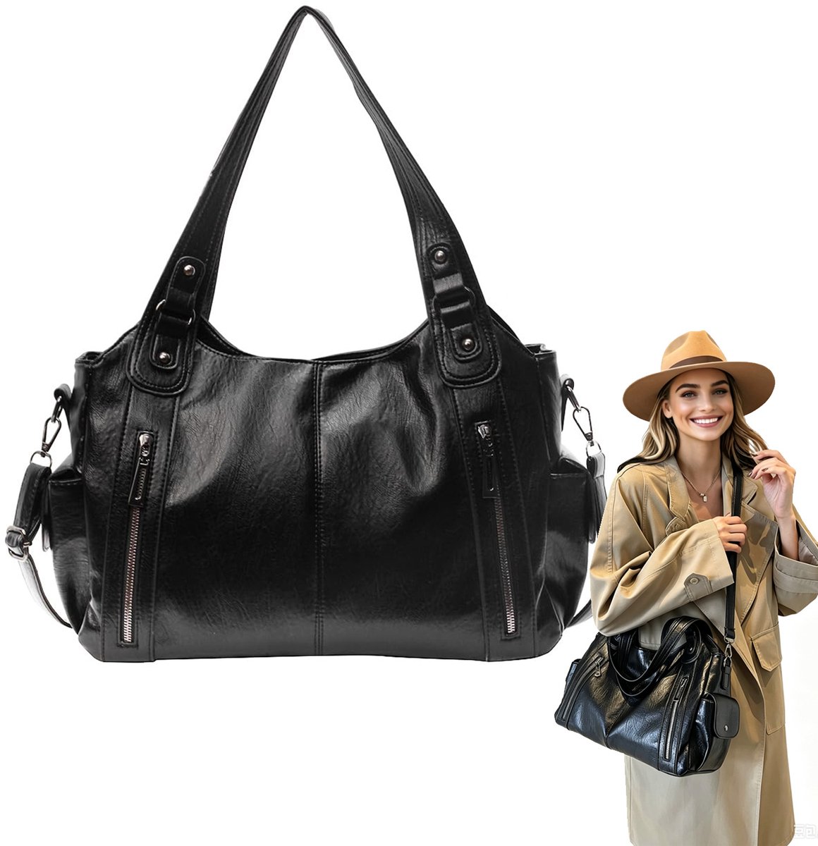 Handtas - Schoudertas Dames - Dames Handtas PU Leer – Grote Schoudertas – Tote Bag met Meerdere Vakken – Handtas, Schoudertas en Crossbody – 40 × 25 × 15 cm – Zwart