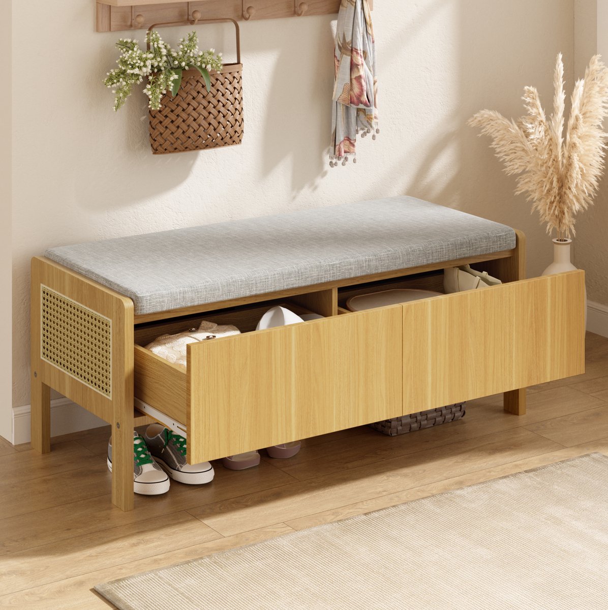 DESMIU Opbergbank Bankje Met 2 Lades En Rotan Zijpanelen 113 X 45,5 X 40 Cm Bamboe Mdf Naturel Grijs Voor Hal En Slaapkamer