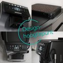 Collage van een Siemens koffiemachine met "Design-hoogtepunt". Details van het display, bonenreservoir en de uitloop.