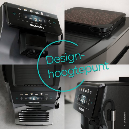 Collage van een Siemens koffiemachine met "Design-hoogtepunt". Details van het display, bonenreservoir en de uitloop.