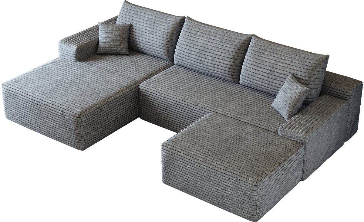 Merax Modulaire Hoekbank 4-Zits - 270 cm - Ribstof - Diepe Zit - Liggedeelte - Frameloos - Grijs - Zonder Montage