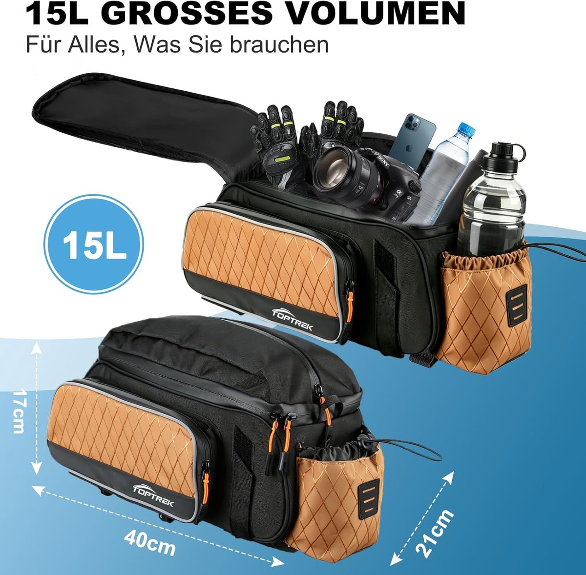 Fietstassen voor bagagedrager 15 liter - waterdicht met reflectie - 3-in-1 inclusief regenhoes - ideaal voor lange ritten