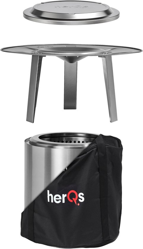 Zilveren, cilindrische vuurkorf met een deksel, onderstel en draagtas met HerQs logo.