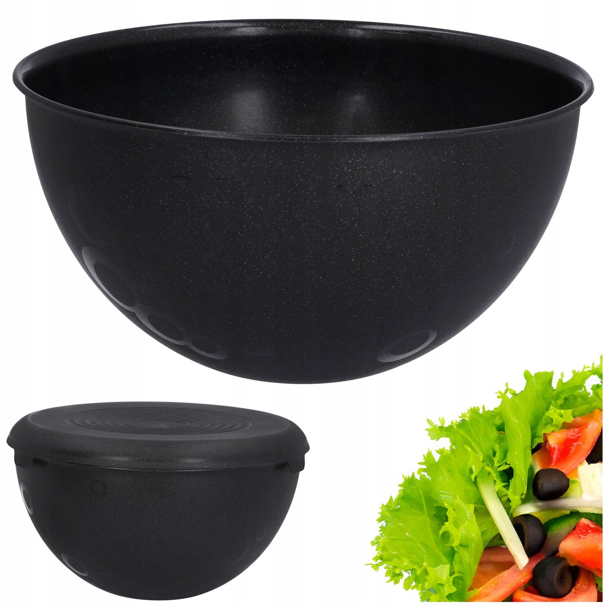Grote Zwarte Plastic Kom 3L met Deksel - Perfect voor Salades & BBQ