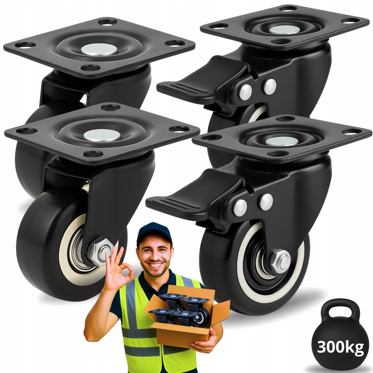50mm Zwenkwielen met Rem - Set van 4 - 300kg - Industrieel
