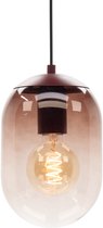 Hanglamp met een glazen kap in terracotta rood en amberkleurige gloed. Een E27 fitting met een gedraaide lichtbron.