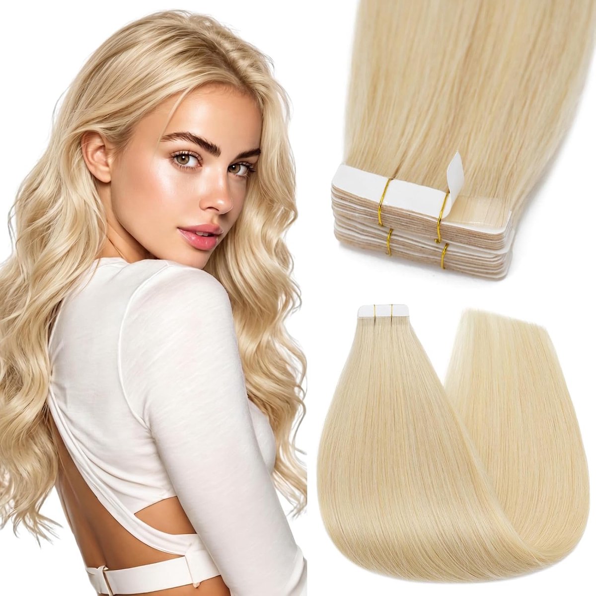 Tape-extensions echt haar 10 stuks - Remy 613# gebleekt blond - Skin Weft 45 cm - Voor een volumineuze haardos - ShopVlot