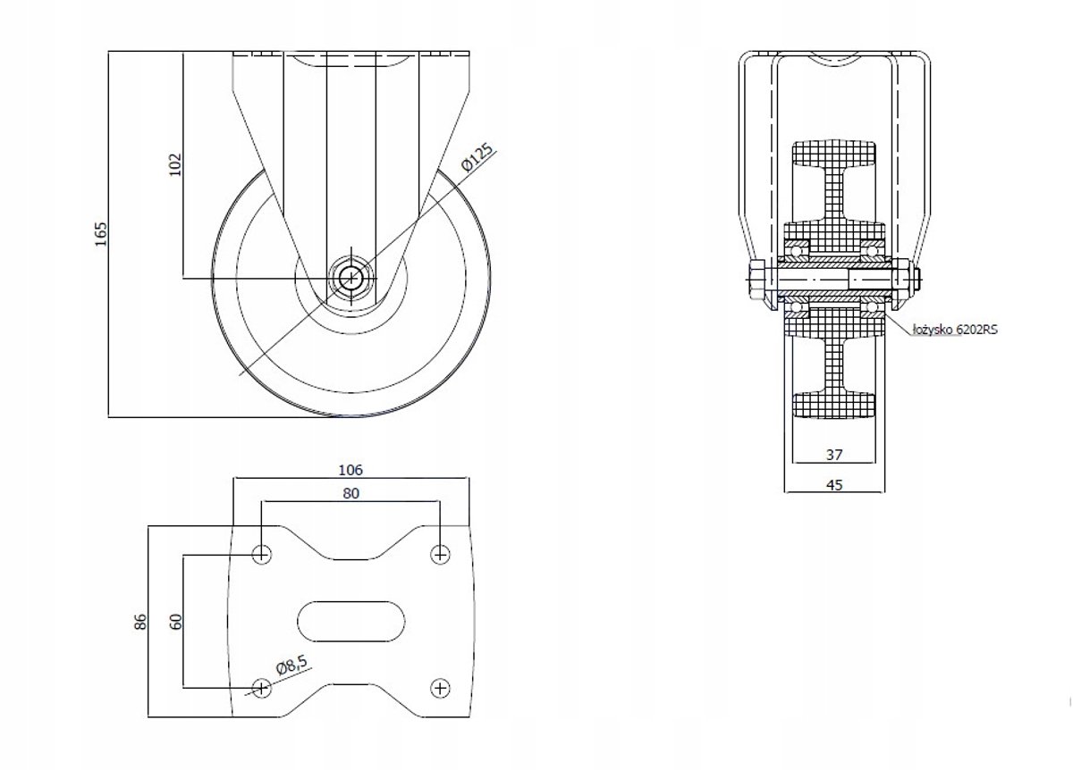 Zwenkwiel Polyamide 125mm, 250kg Laadvermogen, Merkloos