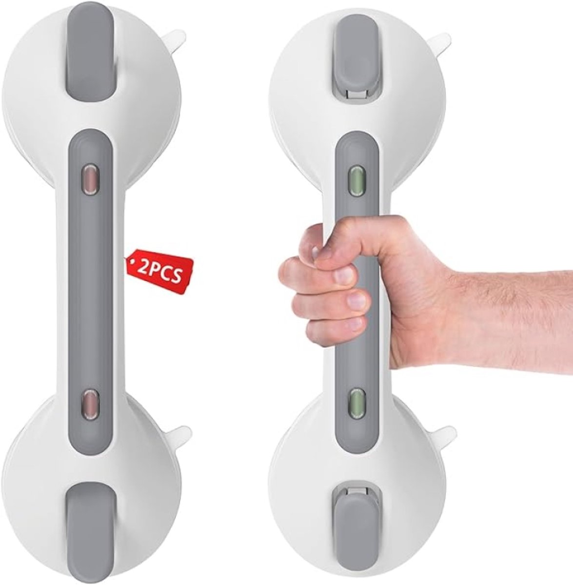 2 Stuks 12 inch Handgrepen voor Senioren, Douchegreep Zonder Boren, Handgrepen voor Badkamer, Handgreep met Zuignap, Douchehandgreep Zuignap, Mobiele Handgreep Badkamer met Zuigwaarschuwing