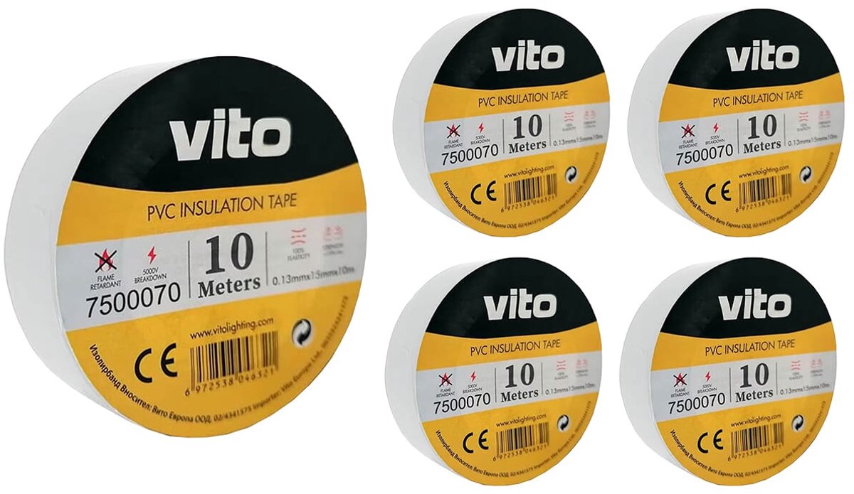 VITO Isolatietape 10 meter - Brandvertragend - Elektrische Isolatietape PVC Tape - Wit - 5 stuks
