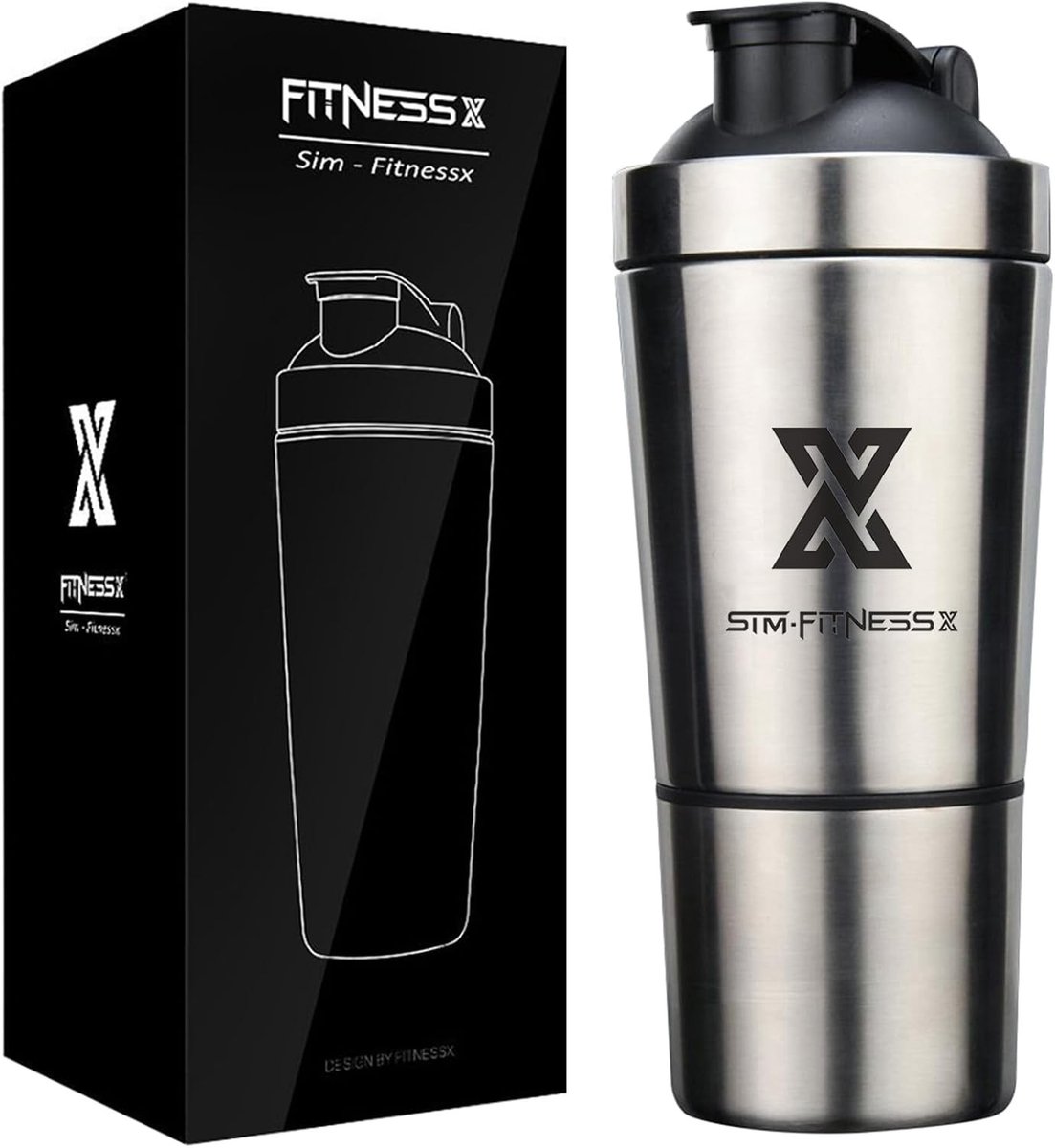 Proteïne Shaker - RVS - 700 ml - Met 200 ml Opslag voor Eiwitten - Voor Fitness en Sport
