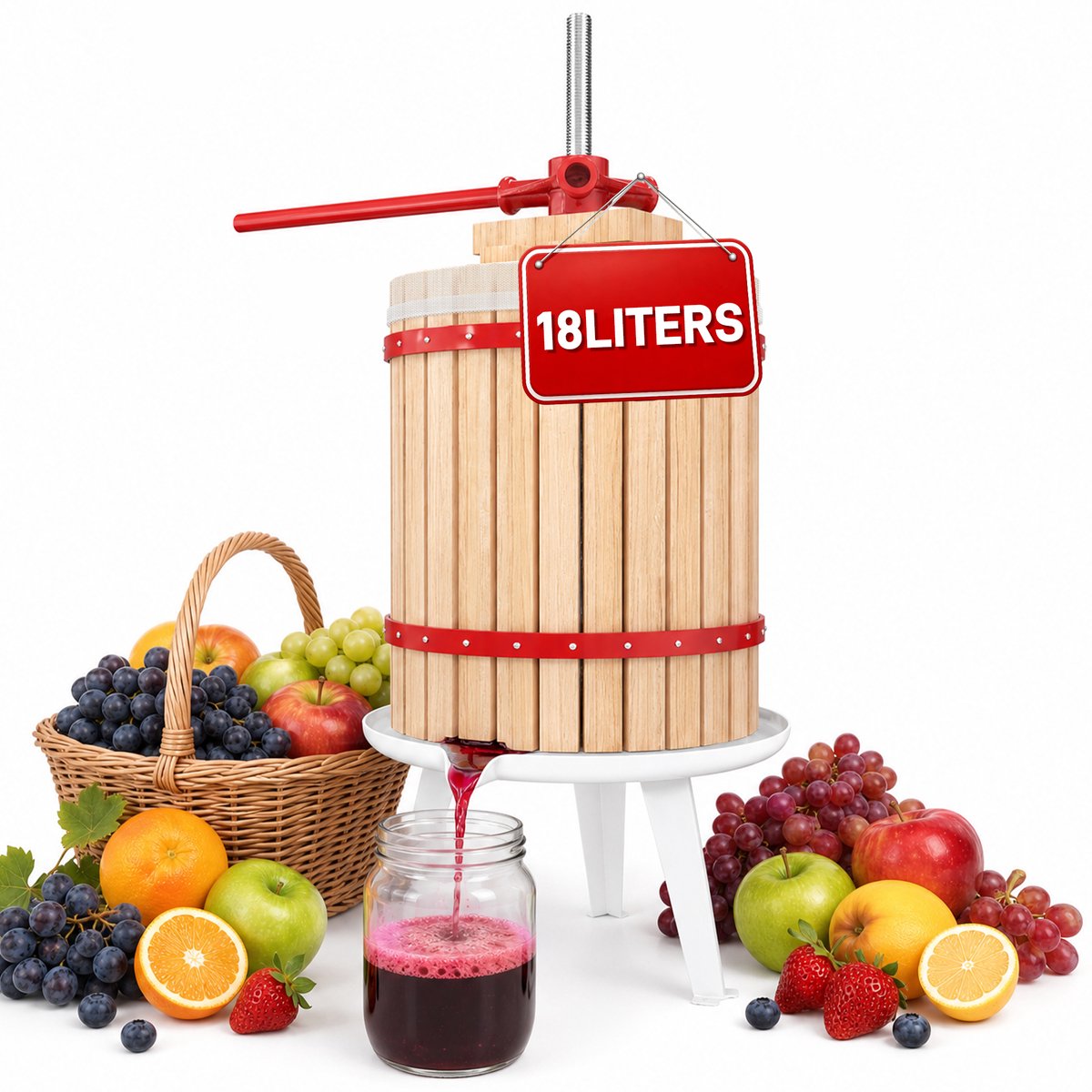 Fruitpers 18L Hout - Manuele Sap-, Wijn- en Bessenpers Complete Set - Inclusief Persdoek, Drukplaat, Metalen Spindel en Driebenig Onderstel - Geschikt voor Fruit- en Groentesap - NAIZY