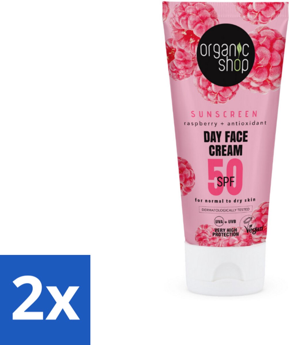 2 x Organic Shop - Zonnebrandcrème Gezicht SPF 50 - Normale Huid - 50 ml - Zonnebrandcrème - Gezichtscrème - SPF 50 - Droge Huid - Normale Huid