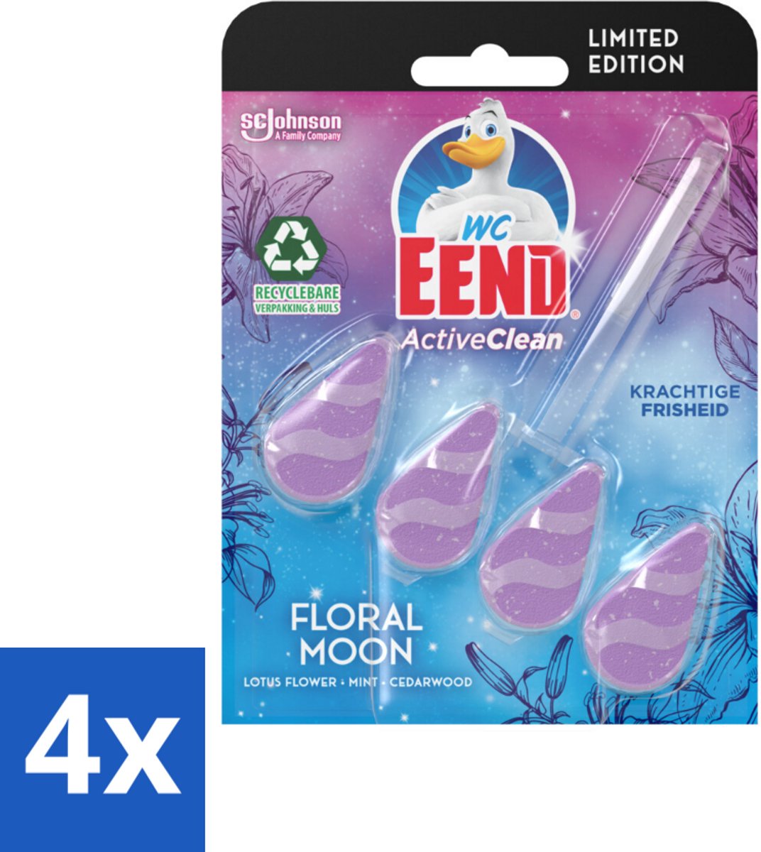 4 x WC Eend - Active Clean Floral Moon - Toiletblok - Lotus, Munt & Cederhout Geur - 38 gr - Toiletblok - Wc Reiniging - Geur - Lotus - Munt