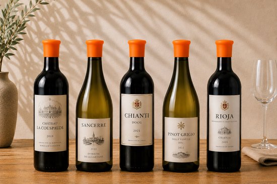 Vijf wijnflessen met oranje siliconen stoppers, waaronder Chianti, Pinot Grigio en Rioja.