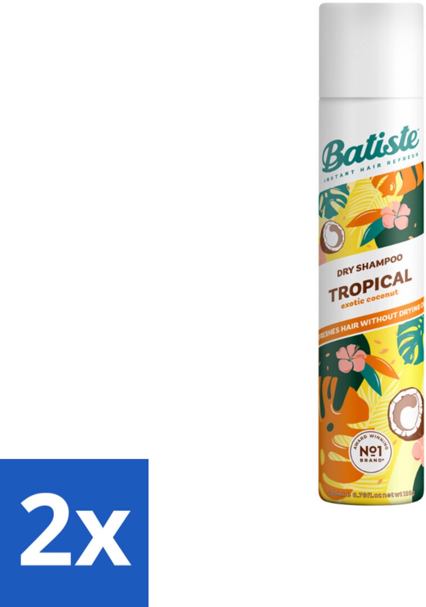 2 x Batiste - Tropical - Droogshampoo - Tropische Geur - Verfrist en Stylet - 200ml - Droogshampoo - Tropical Geur - Kokos - Exotische Geur - Fris Haar