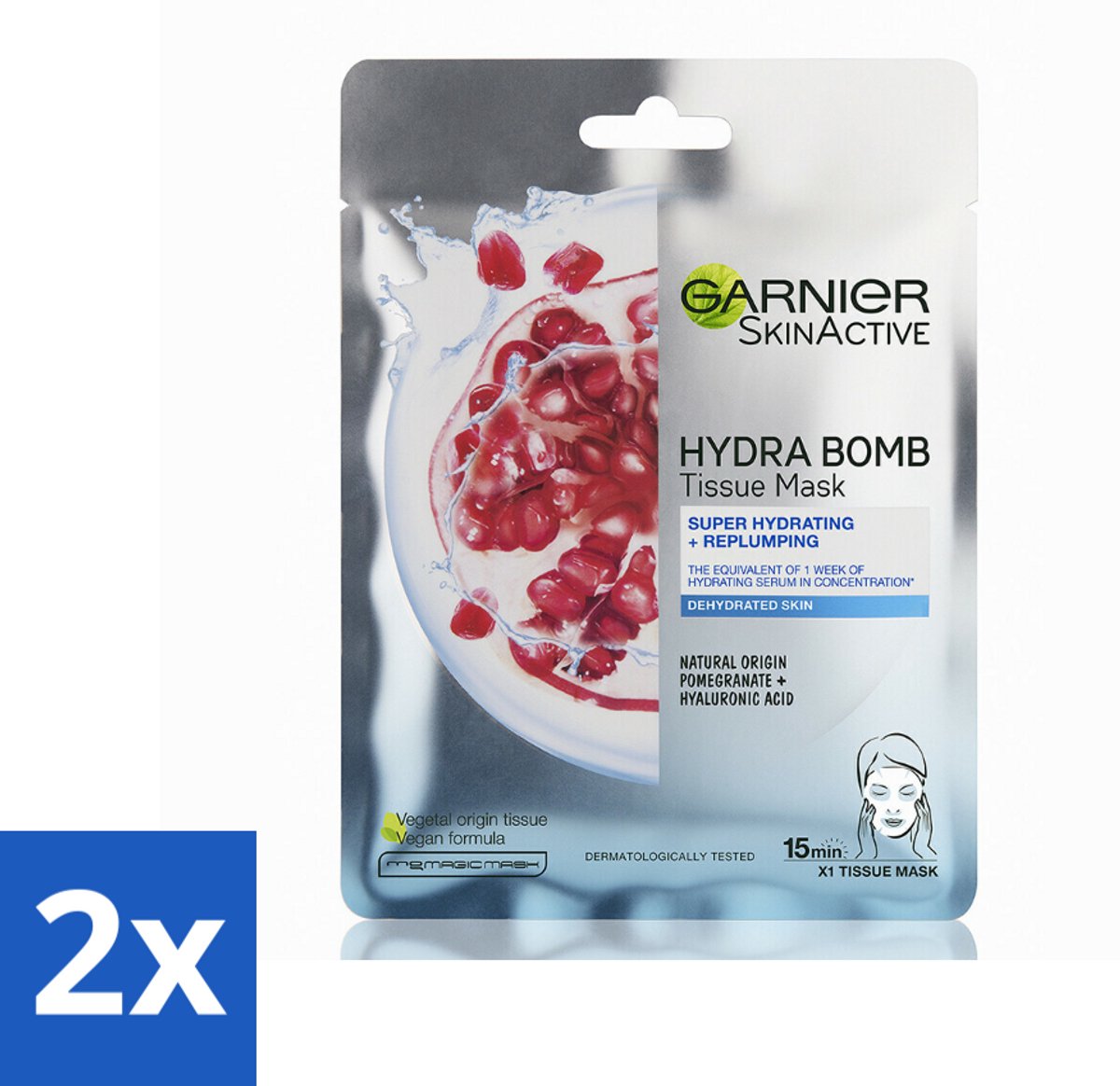 2 x Garnier - SkinActive - Hydra Bomb Sheet Mask - Granaatappel - Gezichtsmasker - 1 Gezichtsreinigingsmiddel - Gezichtsmasker - Hydraterend Masker - Granaatappel - Droge Huid - Gevoelige Huid
