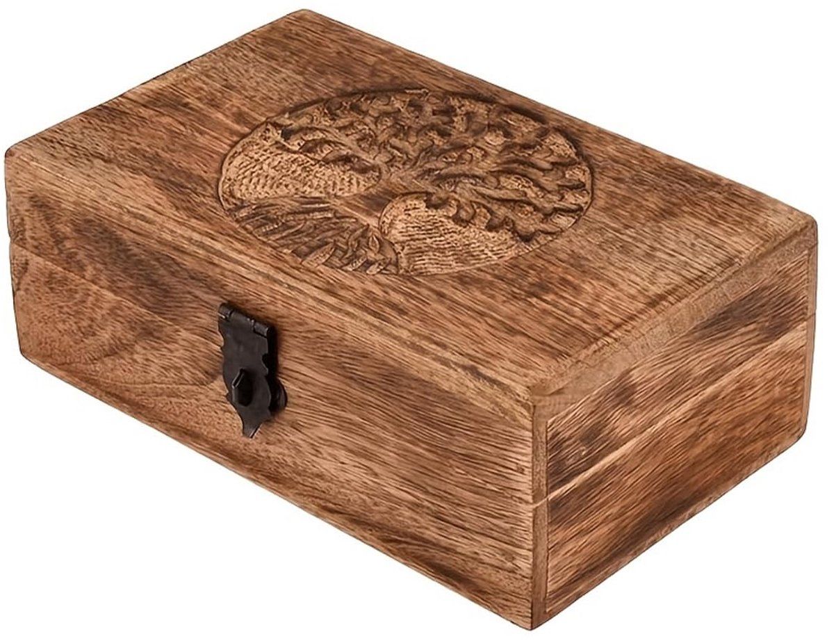Sieradendoos met levensboom-snijwerk - handgemaakt hout - voor horloges, ringen en oorbellen - stijlvol cadeau - ShopVlot