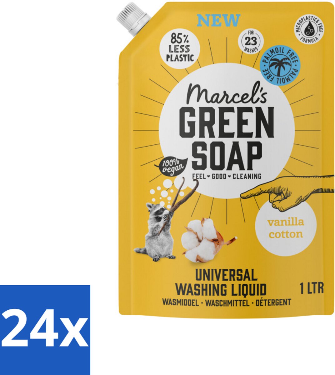 Marcel's Green Soap - Vloeibaar Wasmiddel - Navulling - Vanille & Katoen - Effectief & natuurlijk - 23 Wasbeurten - 1 liter - Voordeelverpakking - 24 stuks
