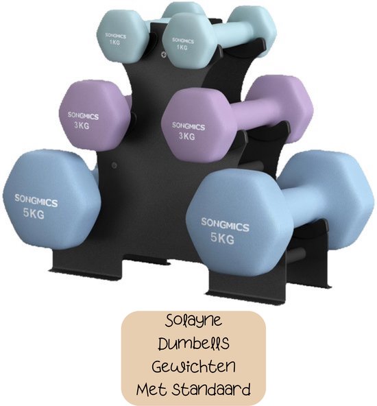 Dumbells van 1kg, 3kg en 5kg in lichtblauw en paars, met zwarte standaard.