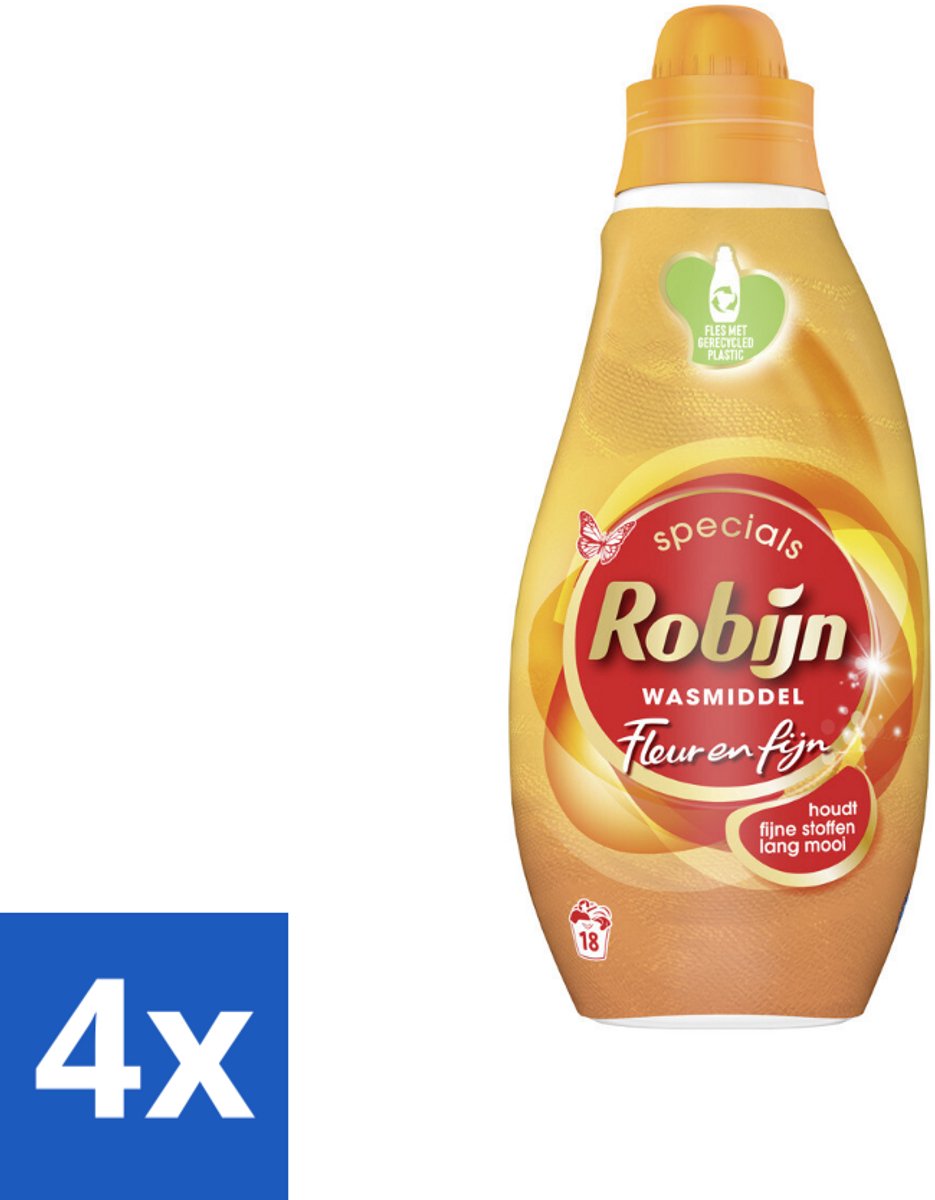 4 x Robijn Specials - Fleur & Fijn - Vloeibaar Wasmiddel - 18 Wasbeurten - Wasmiddel - Vloeibaar Wasmiddel - Wasmiddel Voor Gekleurde Was - Wasmiddel Voor Fijne Stoffen - Biologisch Afbreekbaar Wasmiddel