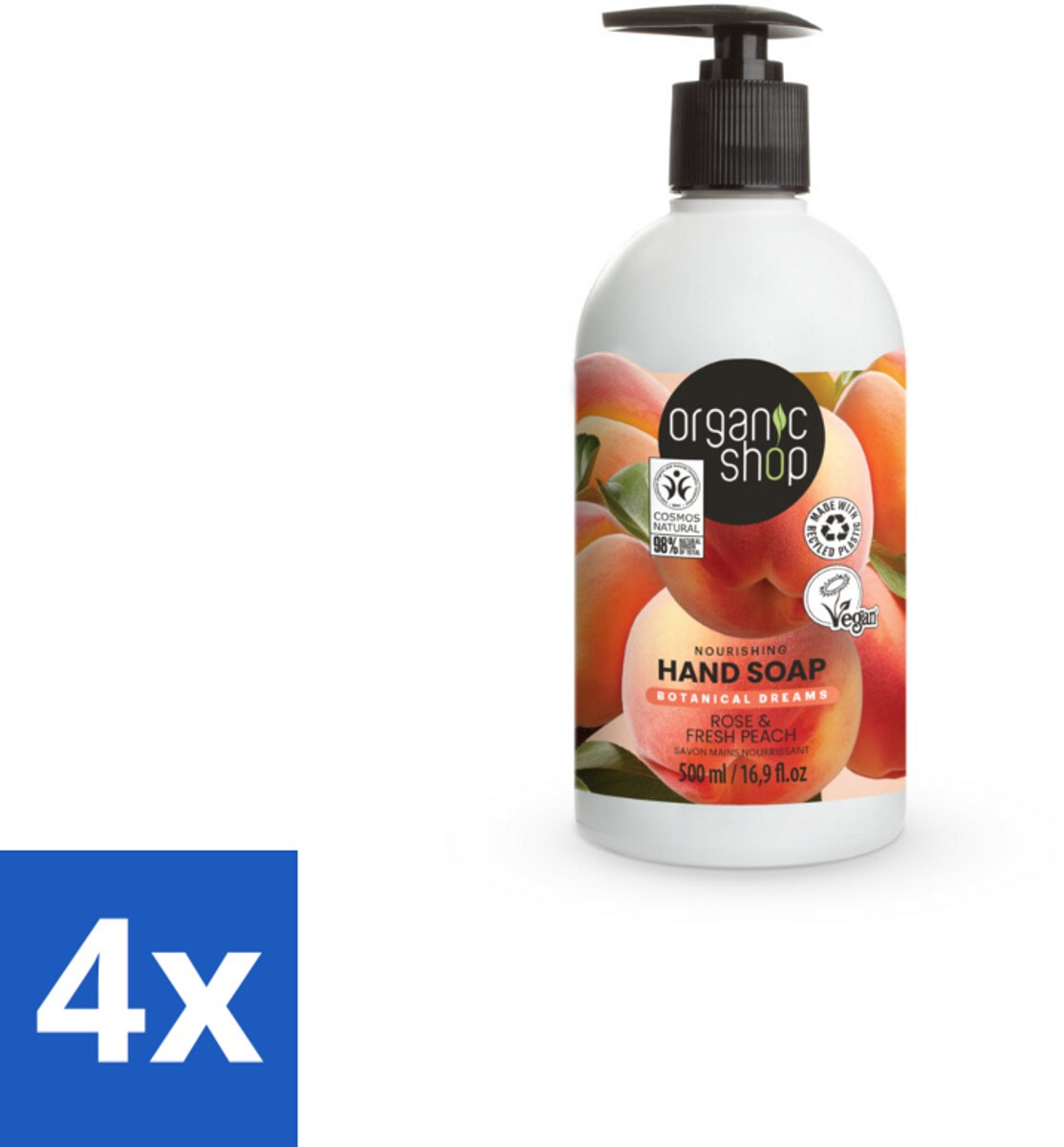 4 x Organic Shop - Handzeep Rose & Peach - Verzorgend en Hydraterend - 500 ml - Biologische Handzeep - Handzeep Rozen - Handzeep Perzik - Hydraterende Handzeep - Verzorgend Handzeep