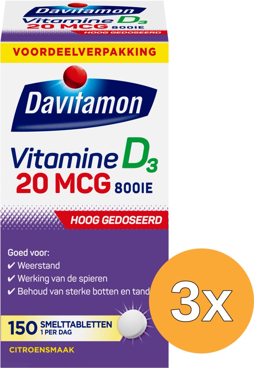 3x Davitamon Vitamine D3 20mcg (150 tabletten)