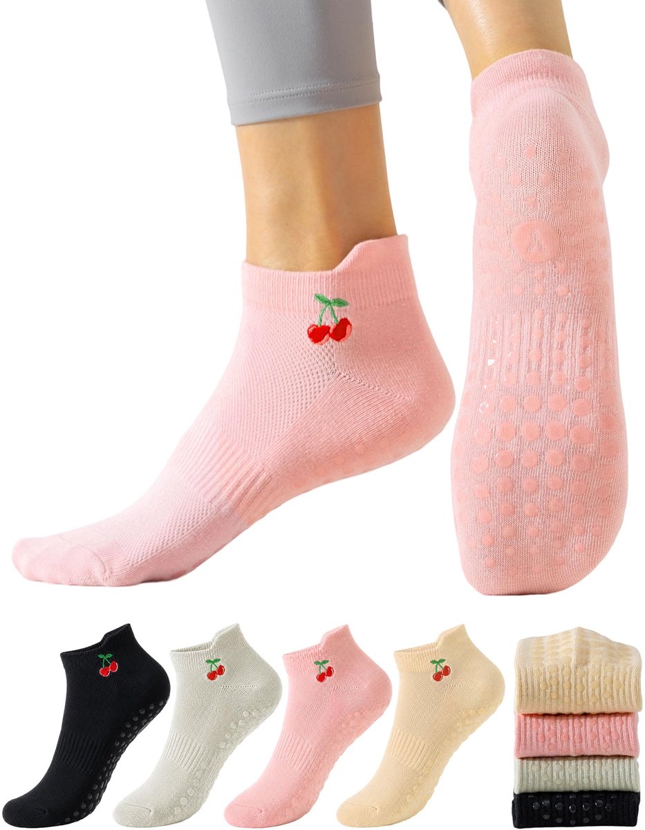 Pilatessokken met handgrepen - 4 paar - kersenrood, zwart, lichtgrijs, lichtroze, beige - antislip grip - ShopVlot