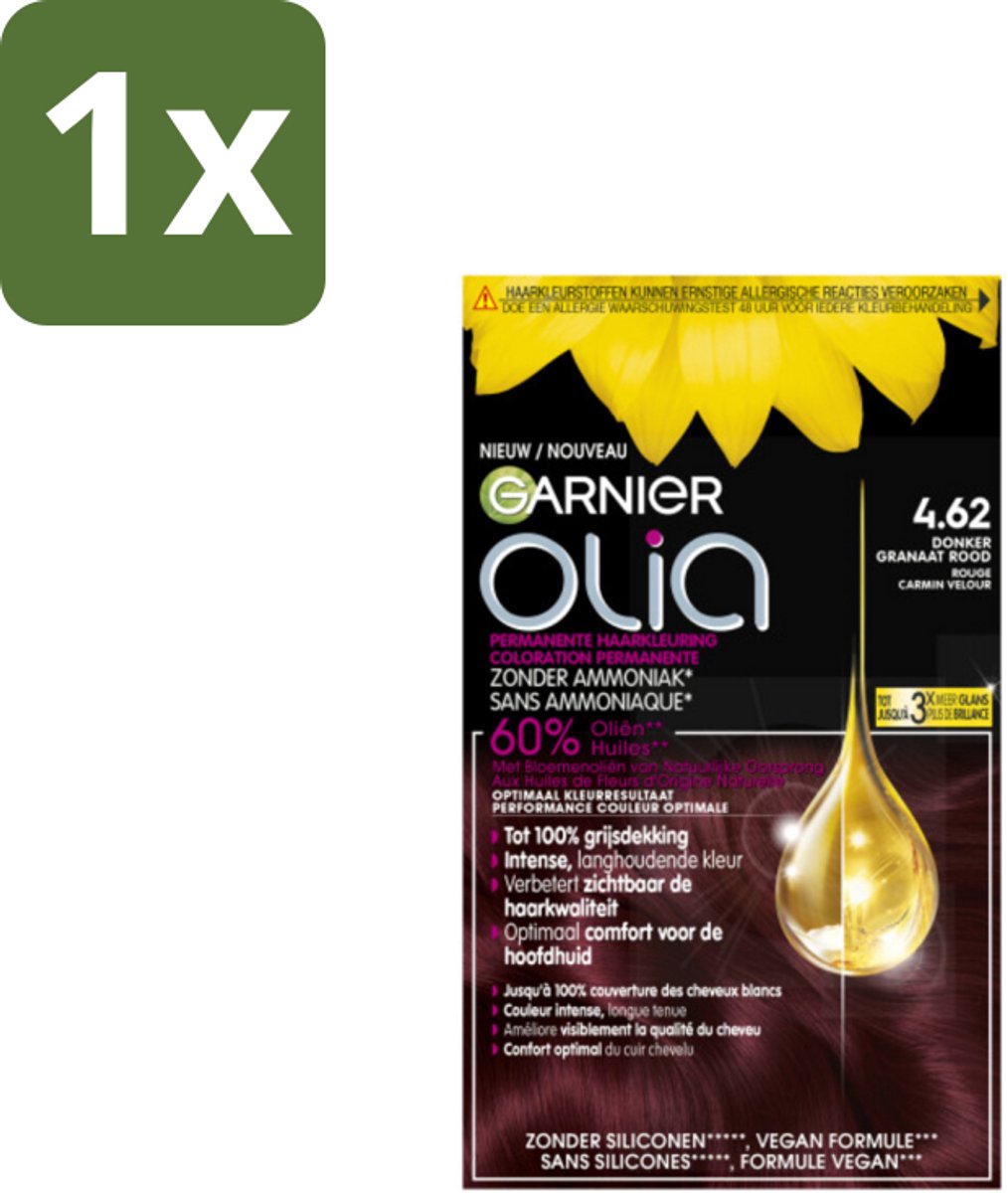 1 x Garnier - Olia 4.62 - Haarkleuring - Donker Granaatrood - Zonder Ammoniak - Permanente Kleur - Haarkleuring - Permanent - Donker Rood - Grijsdekking - Zonder Ammoniak