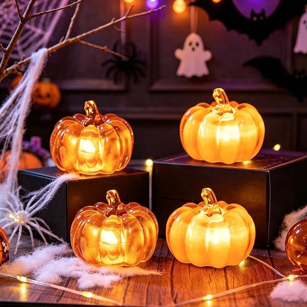 pompoenen Halloween decoratie - 4 stuks led - warme gloed - sfeervolle herfst - ShopVlot