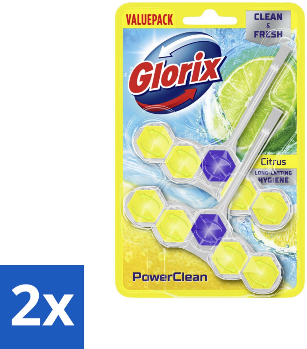 2 x Glorix - Toiletblok - Power Clean Citroen - Fris & Citroen - 2 blokken - Toiletblok - Toilet Schoonmaak - Citrusgeur - Kalk Verwijderaar - Hygiëne Toilet