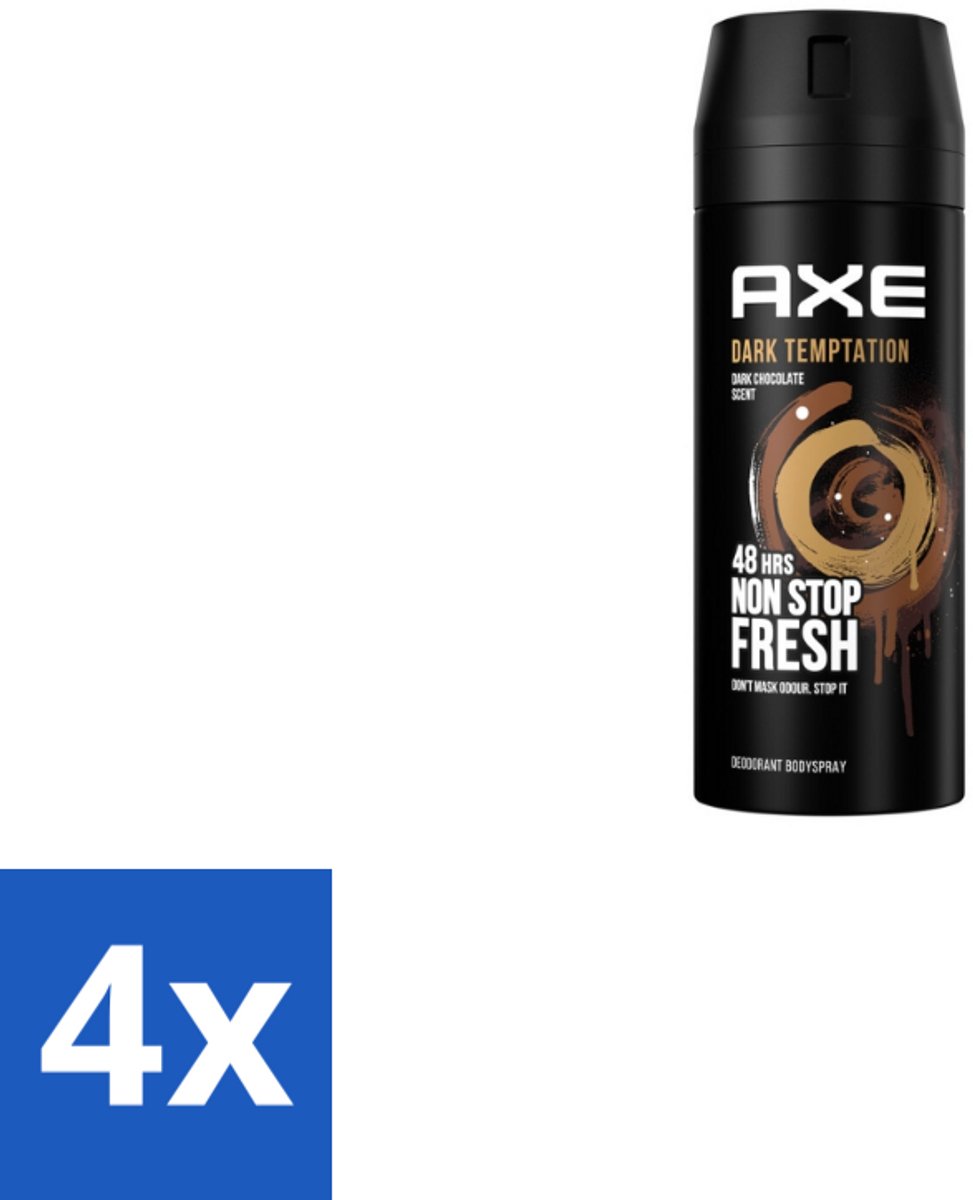 4 x AXE - Deodorant Spray - Dark Temptation - Chocoladegeur - Verleidelijk Fris - 150 ml - AXE Deodorant - Chocoladegeur - Mannelijke Geur - Deodorant Spray - Langdurige Bescherming