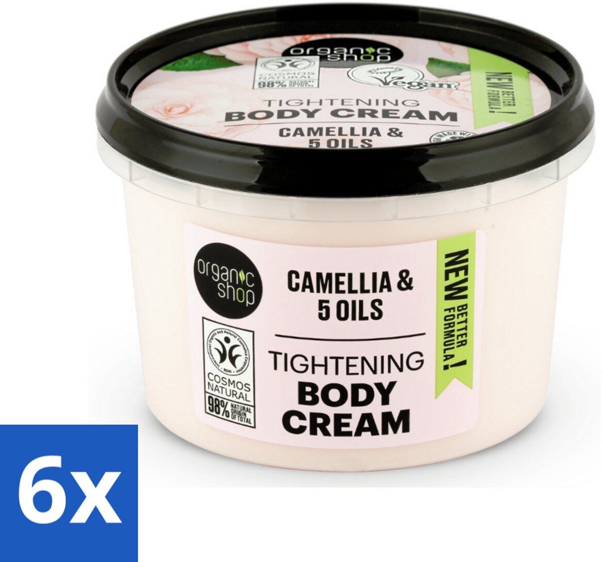 6 x Organic Shop - Organic Camellia & 5 Oils Body Cream - Verzachtend en Hydraterend - 250 ml - Organische Bodycrème - Hydraterende Bodycrème - Verzachtende Bodycrème - Kamelia Bodycrème - Natuurlijke Bodycrème