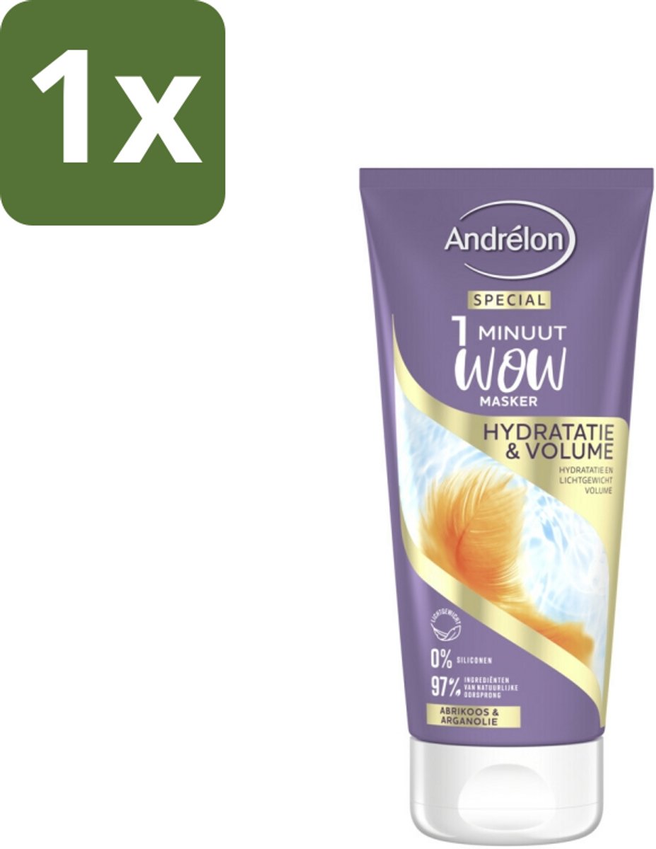 1 x Andrélon - WOW - 1 Minuut Masker - Hydratatie & Volume - 180 ml - 1 Minuut Masker - Hydraatatie - Volume Haar - Fijn Haar Verzorging - Luchtig Haar