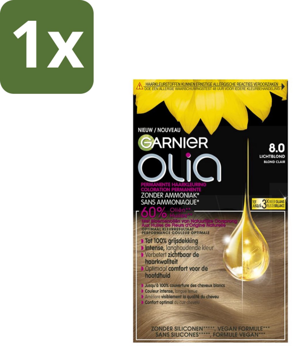 1 x Garnier - Olia 8 - Haarkleuring - Lichtblond - Zonder Ammoniak - 60% Olie - Permanente Kleur - Haarkleuring - Lichtblond - Permanent - Zonder Ammoniak - 60% Olie