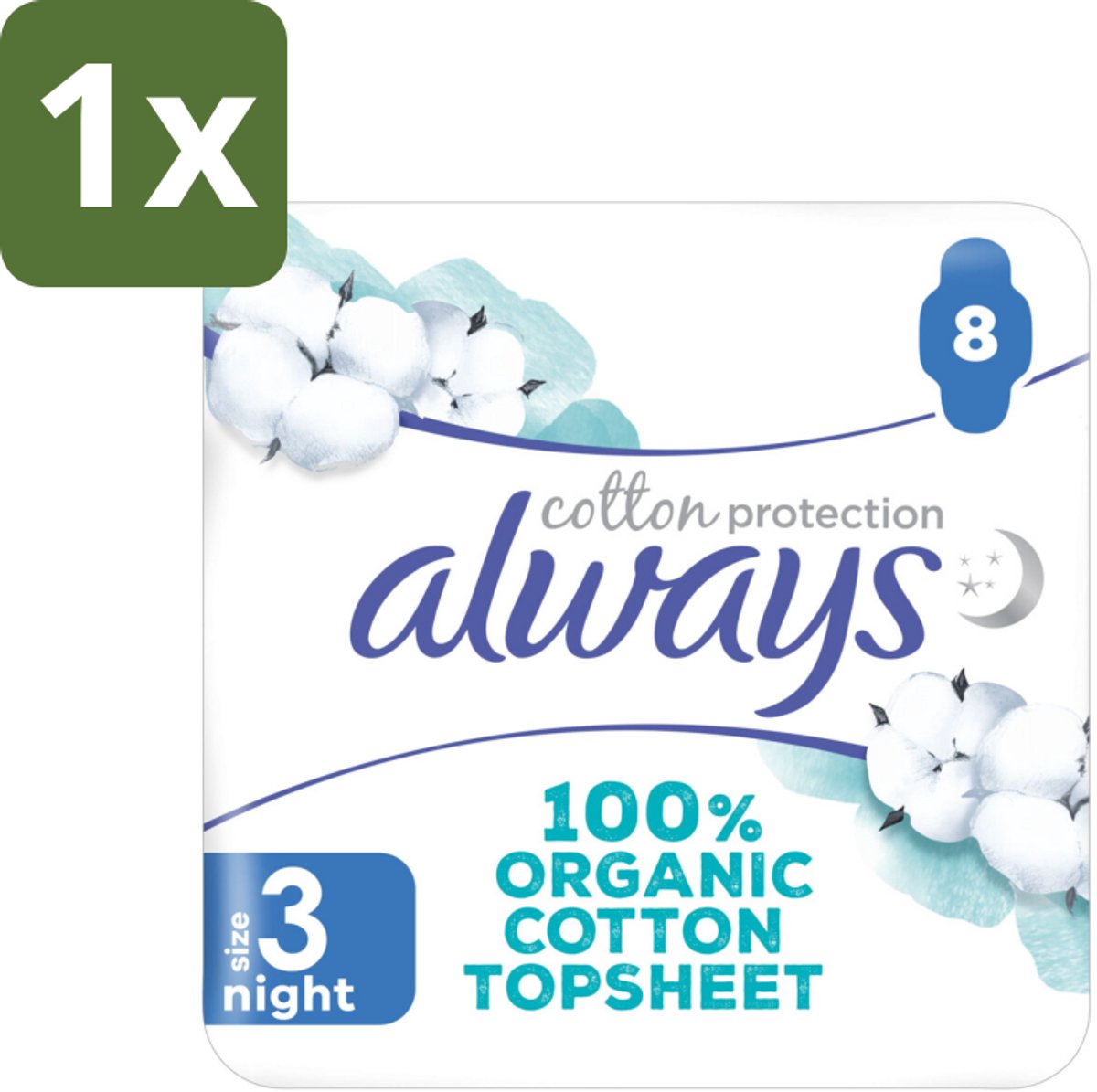 1 x Always - Maandverband - Night - Cotton Protection - Met Vleugels - 8 Maandverband - Nachtbescherming - Maandverband - Biologisch Katoen - Nachtmaandverband - Vleugels