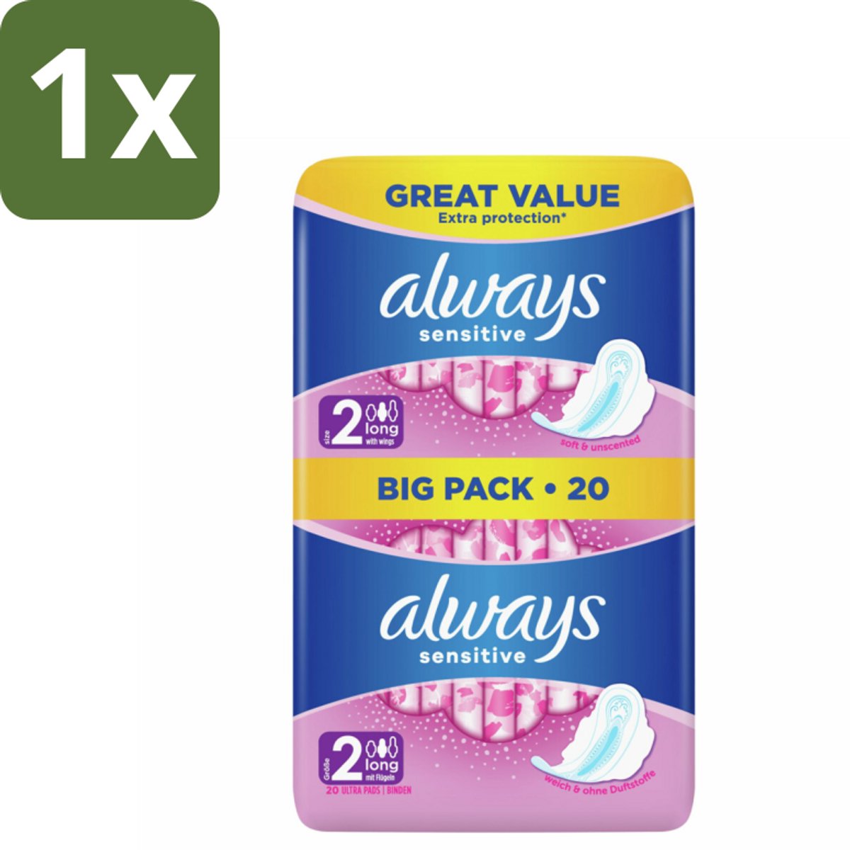1 x Always - Maandverband - Long - Sensitive - 20 Maandverband - Maandverband - Menstruatie - Gevoelige Huid - Zachte Maandverband - Superabsorberend