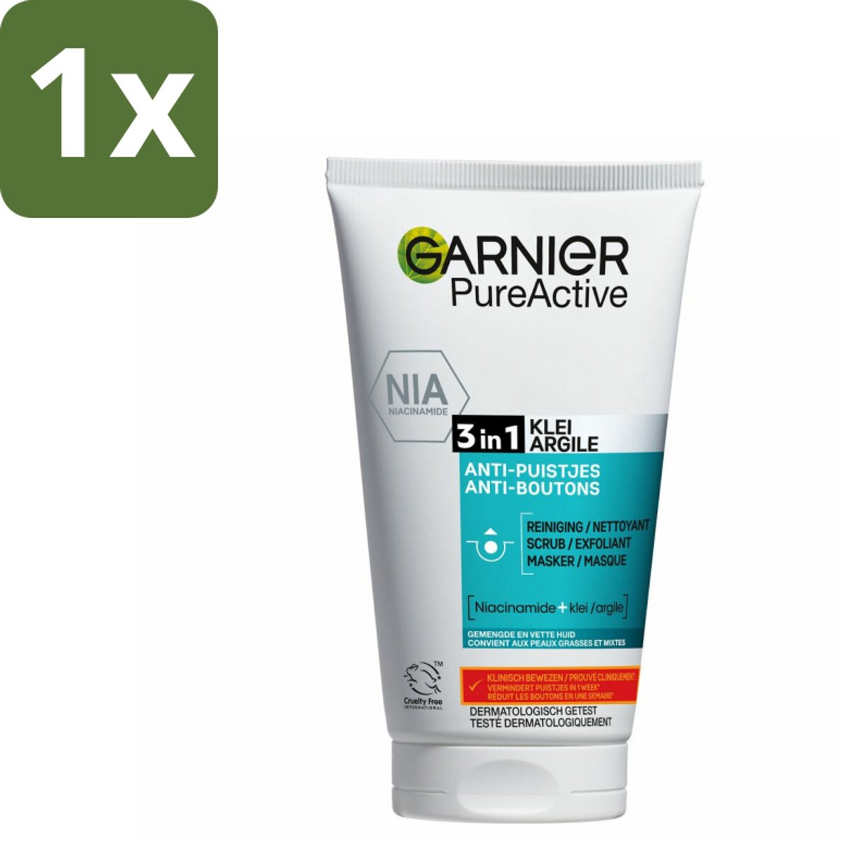 1 x Garnier - Pure Active - 3-in-1 Reiniging Scrub Masker - Tegen Puistjes & Onzuiverheden - Klei & Niacinamide - 150 ml - 3-in-1 Reiniging Scrub Masker - Puistjes - Onzuiverheden - Huid Reinigen - Huid Matte