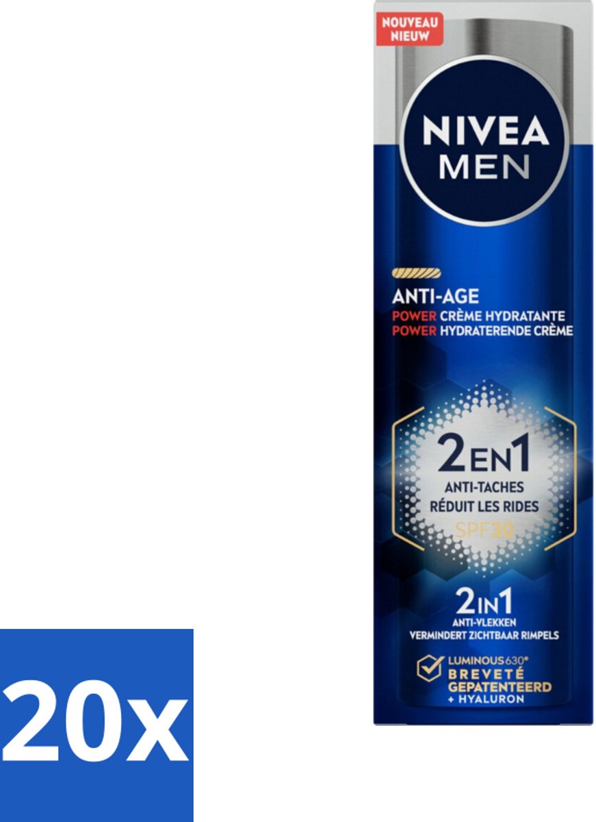 NIVEA MEN - Anti-Age 2in1 Power - Hydraterende Crème Gezicht SPF 30 - 50 ml - Bulkverpakking - 20 stuks