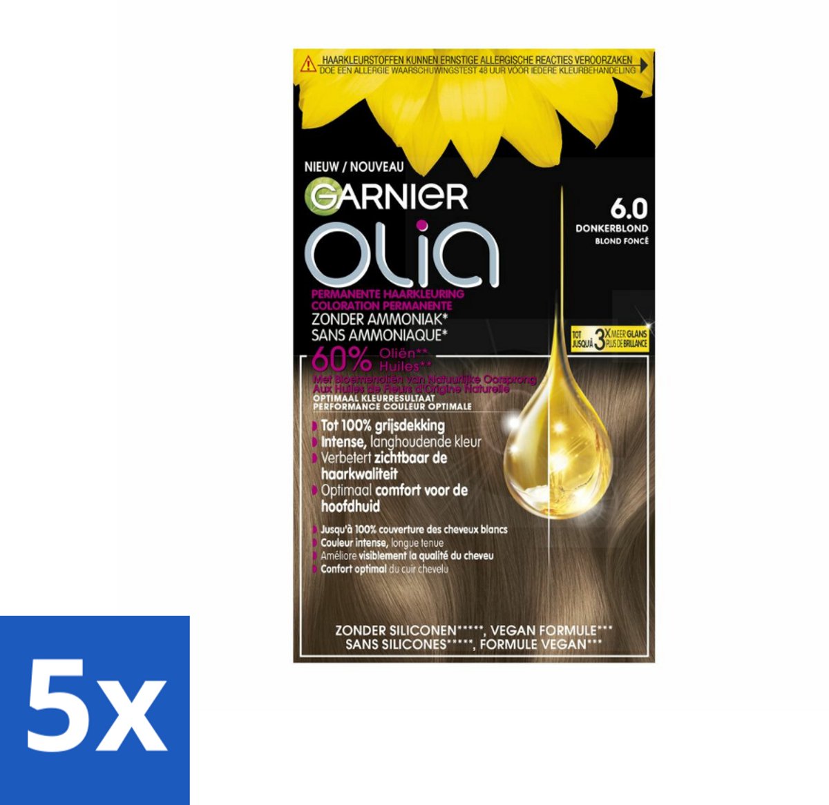 Garnier - Olia 6 - Haarkleuring - Donkerblond - Zonder Ammoniak - Intense Langhoudende Kleur - 100% Grijsdekking - Bulkverpakking - 5 stuks