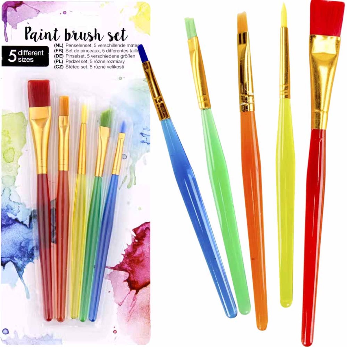 Kwasten set hobby - Multicolor - Kunststof / Metaal - Ca. l 14 cm - 5 Stuks - Schilderen - Hobby - Kwast - Verven - Creatief - Knutselen