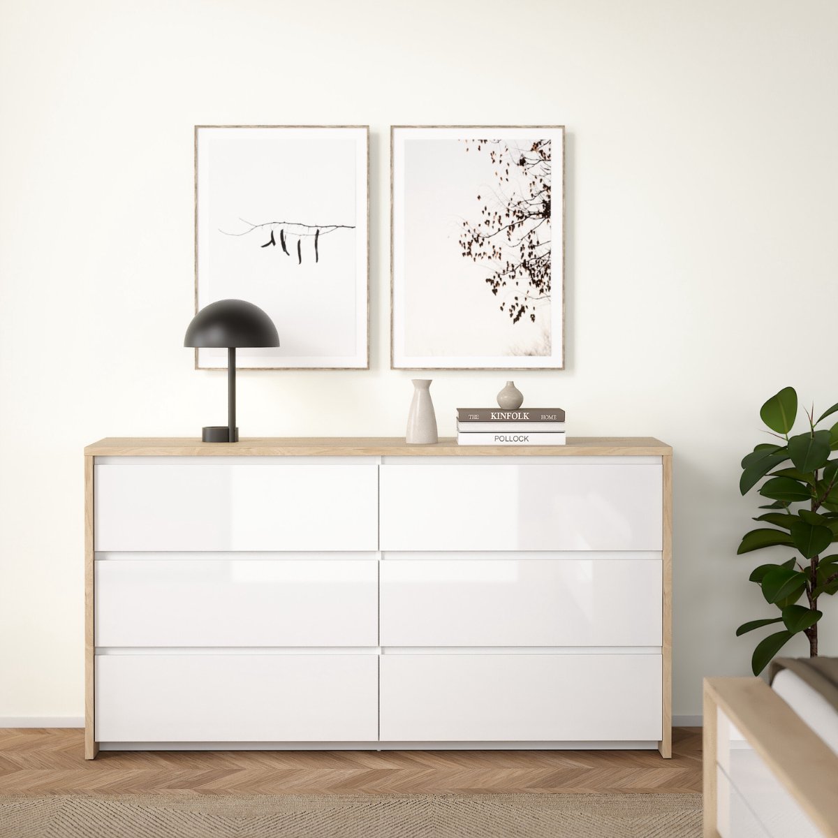 Dressoir Dubbel Next 6 lades Hickory/Wit Hoogglans - Giga Living