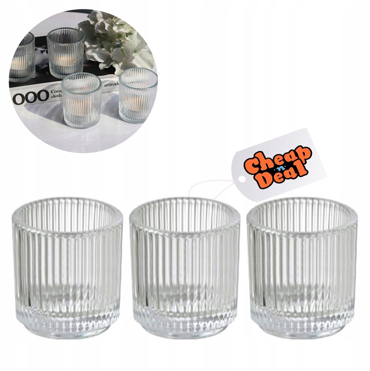 Glazen Theelichthouders, Set van 3, Geribbeld Glas, Transparant