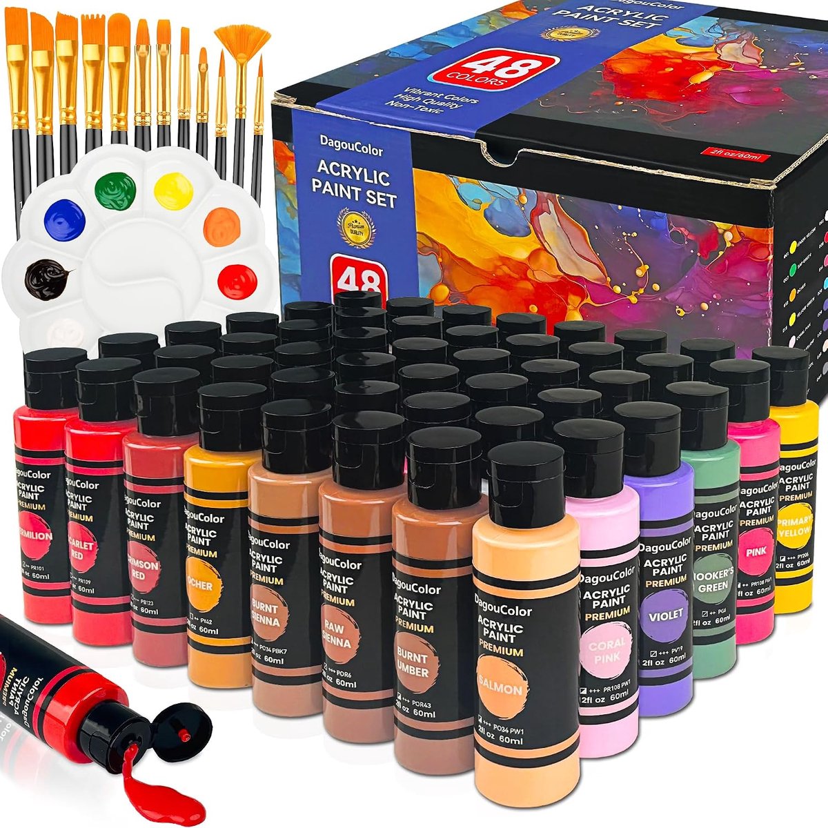 Acrylverf set 48 kleuren - inclusief 12 kwasten en palet - perfect voor canvas en meer - ShopVlot