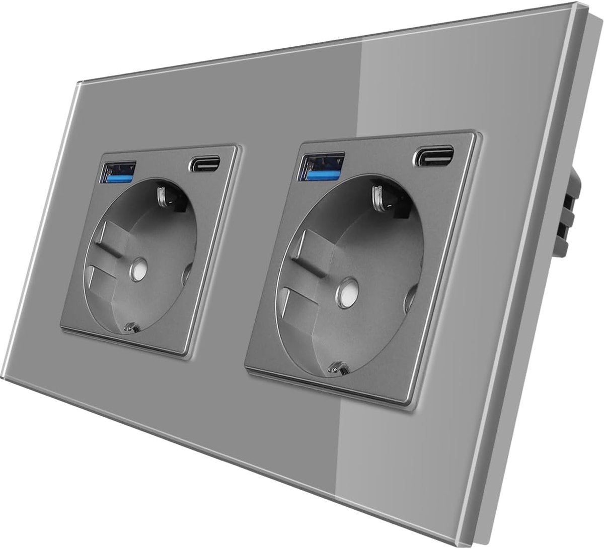 Dubbele wandcontactdoos met USB A en Type C - Grijze glazen sockets - 16 Ampère - Geschikt voor alle apparaten - ShopVlot