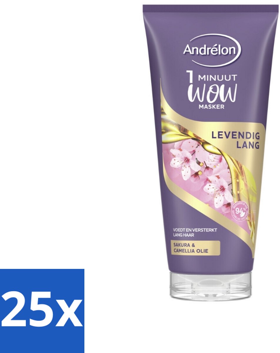 25 x Andrélon - WOW - Masker - Levendig Lang - 180 ml - Haarmasker - Lang Haar - Intensieve Verzorging - Sakura-olie - Camellia-olie