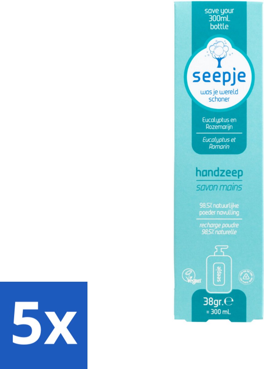 5 x Seepje - Handzeep - Natuurlijke Geur & Verzorging - Eucalyptus en Rozemarijn - Navulverpakking - 34 g - Handzeep Navulverpakking - Natuurlijke Handzeep - Eucalyptus En Rozemarijn - Duurzame Handzeep - Zero Plastic Inside