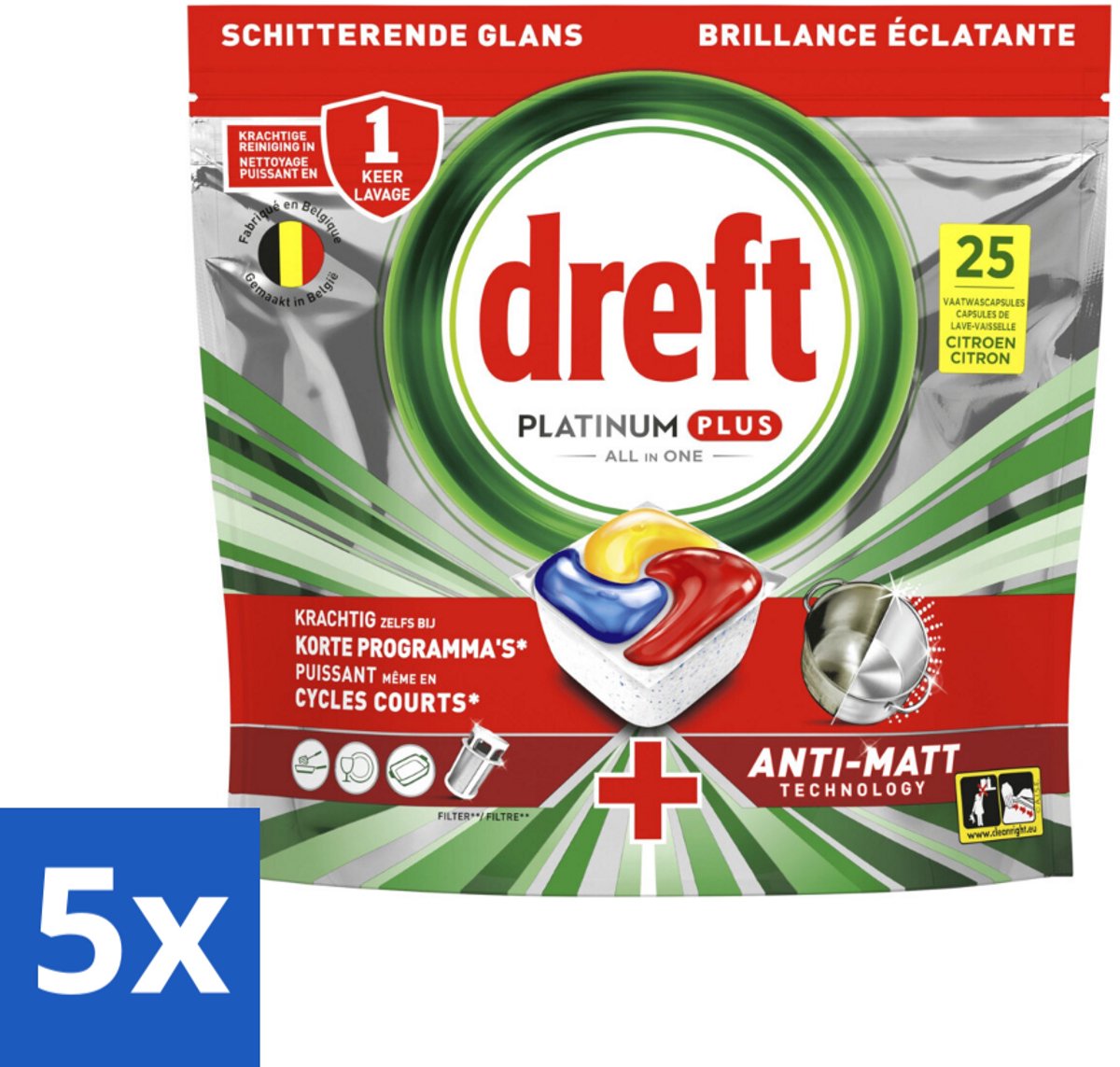 5 x Dreft - Vaatwastabletten - Platinum Plus All-in-One Citroen - Frisse geur - 25 Tabletten - Vaatwasmiddel - Anti-dofheid - Glans Herstellen - Vaatwasmachine - Vaatwastablet